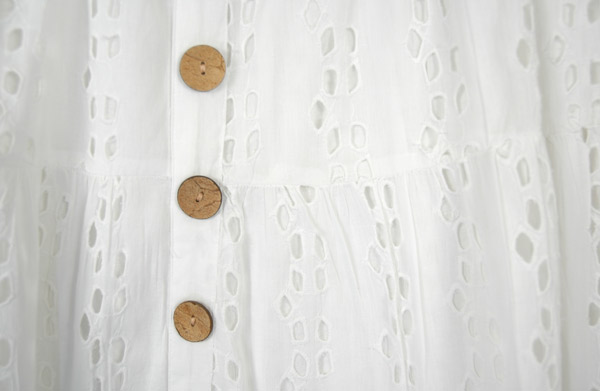Pure White Eyelet Skirt in Cotton with Brown Buttons