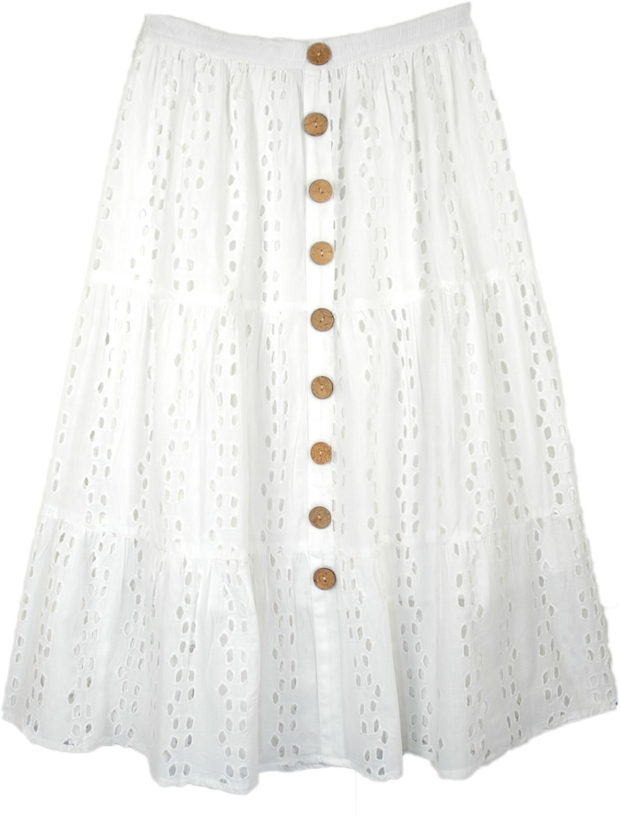 White Cotton Mid Length Eyelet Skirt with Brown Buttons, Pure White Eyelet Skirt in Cotton with Brown Buttons