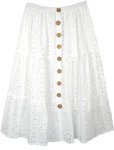 White Cotton Mid Length Eyelet Skirt with Brown Buttons [6818]