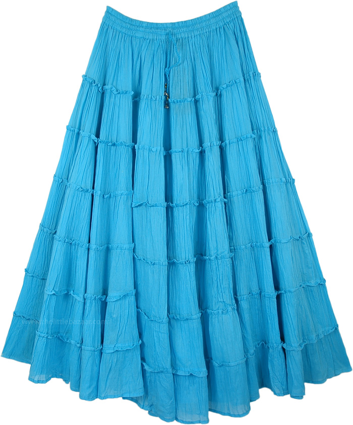 Tiered Aqua Blue Skirt in Pure Cotton with Side Pocket, Aqua Blue Tiered Cotton Long Skirt with Pocket