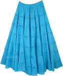 Aqua Blue Tiered Cotton Long Skirt with Pocket