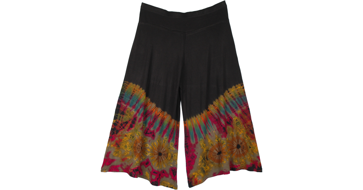 Half Tie Dye Boho Mid Calf Wide Leg Capri | Black | Split-Skirts-Pants ...