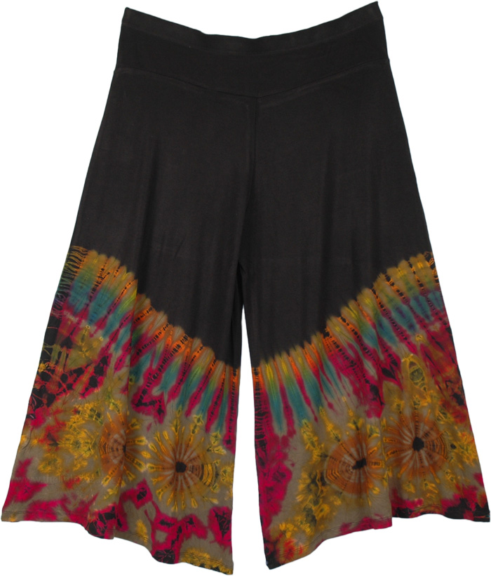 Half Tie Dye Boho Mid Calf Wide Leg Capri | Black | Split-Skirts-Pants ...