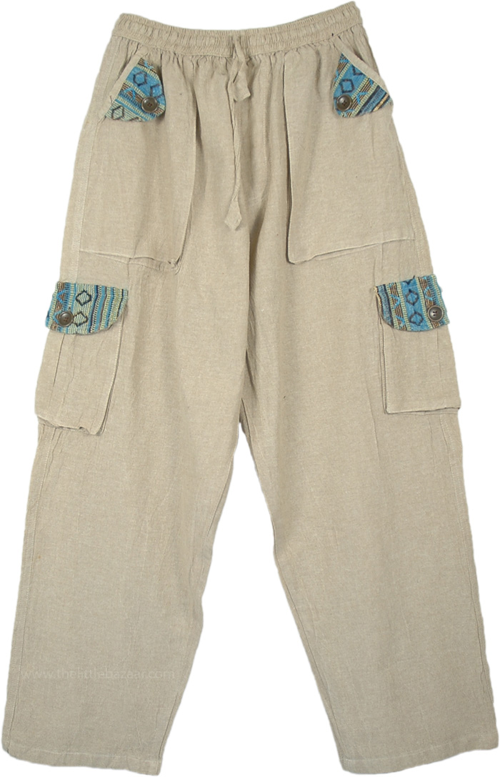 Everyday Beige Woven Cotton Pants with Pockets