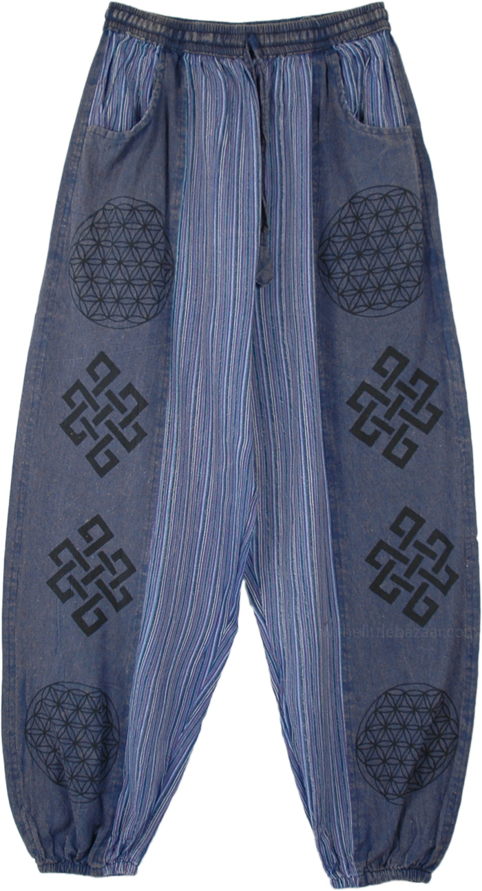 Blue Vertical Patchwork Woven Cotton Pants with Pockets