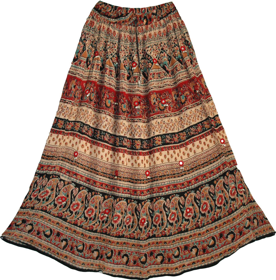Ethnic Indian Floral Printed Rayon Long Skirt with Mirrors
