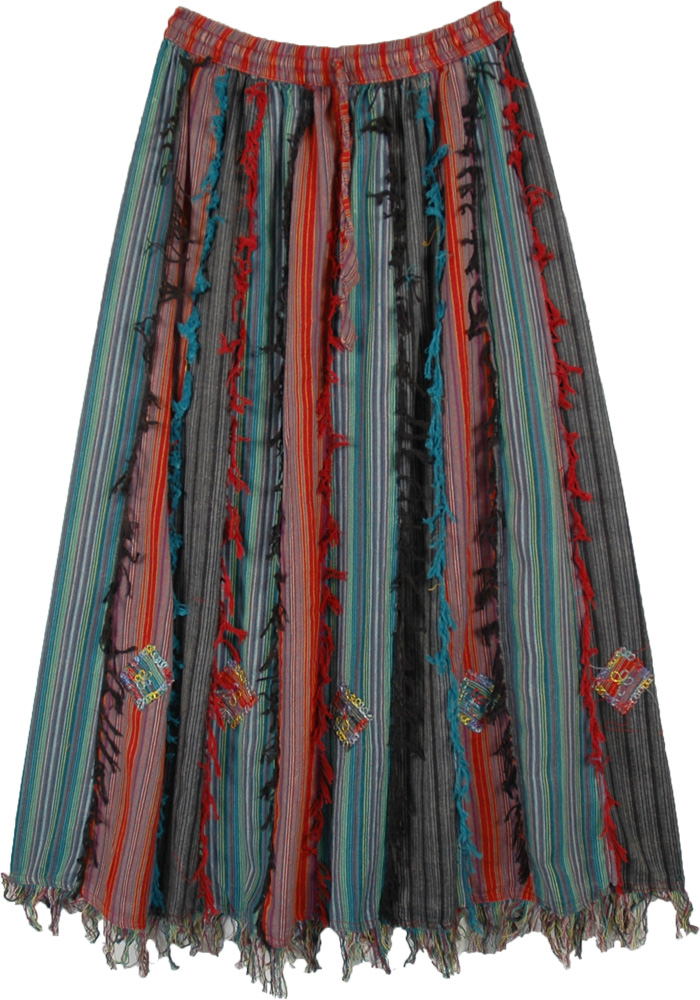 Holiday Cheer Patchwork Bohemian Skirt with Fringes