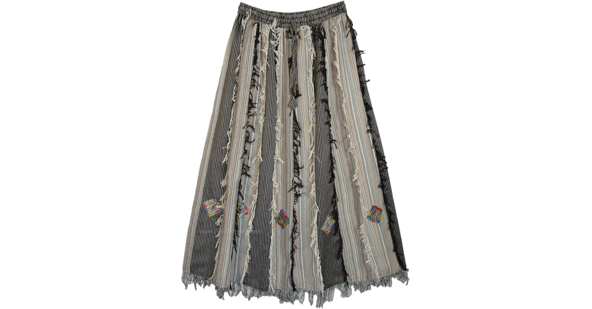 Grey Black Vertical Patchwork Skirt with Thread Fringes
