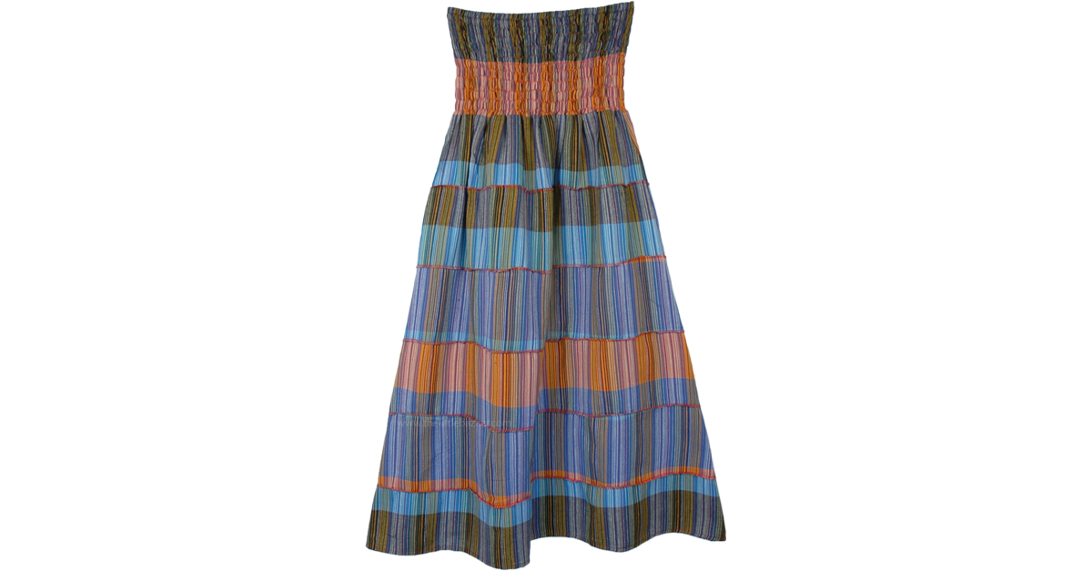 Blue Striped Tiered Cotton Skirt with Smocked Waist | Blue | Patchwork ...
