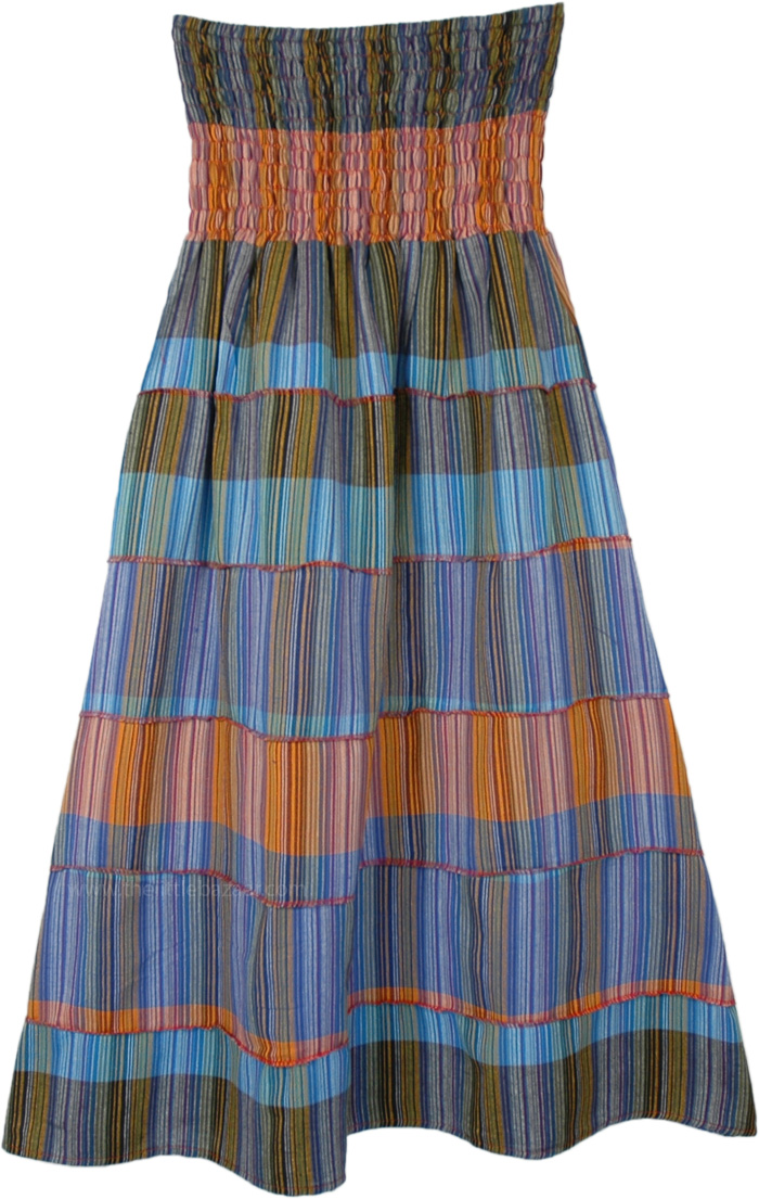 Blue Striped Tiered Cotton Skirt with Smocked Waist | Blue | Patchwork