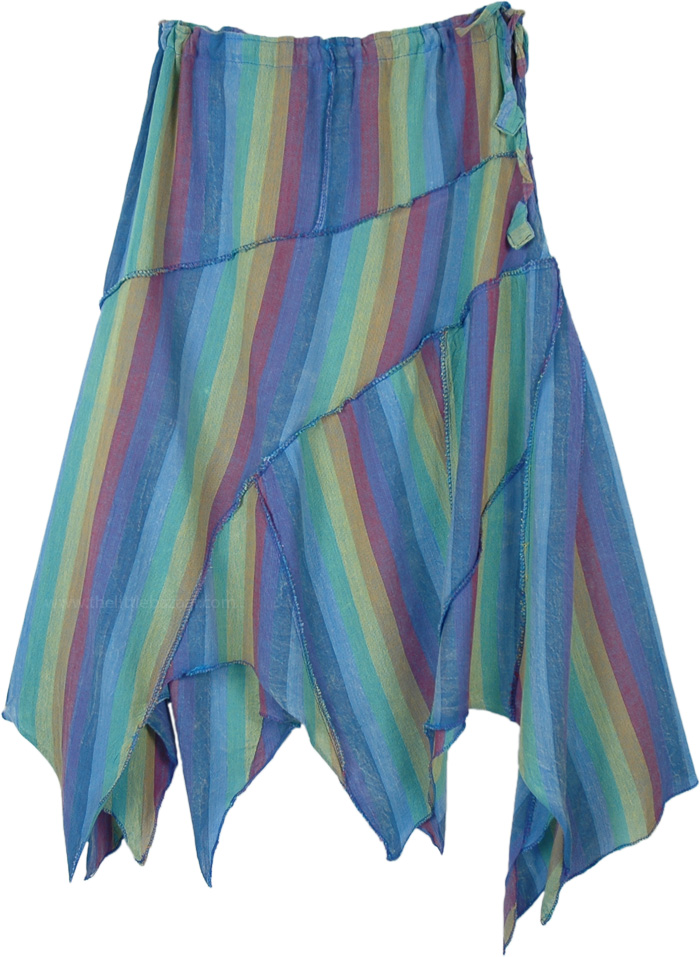 Handkerchief Hem Blue Toned Hippie Patchwork Skirt, Blue Hues Asymmetrical Patchwork Pixie Skirt