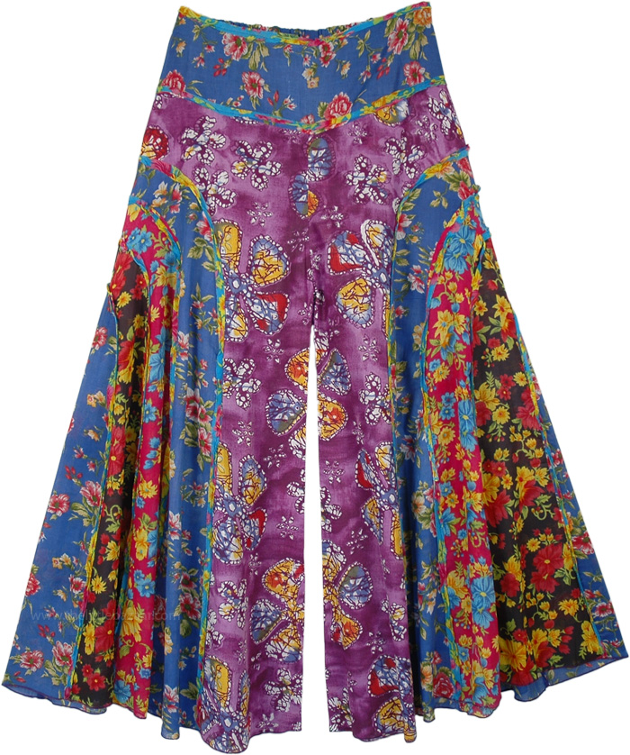 Blue and Purple Flared Palazzo Pants Divided Skirt, Flower Power Curved Patch Flared Wide Legs Pants