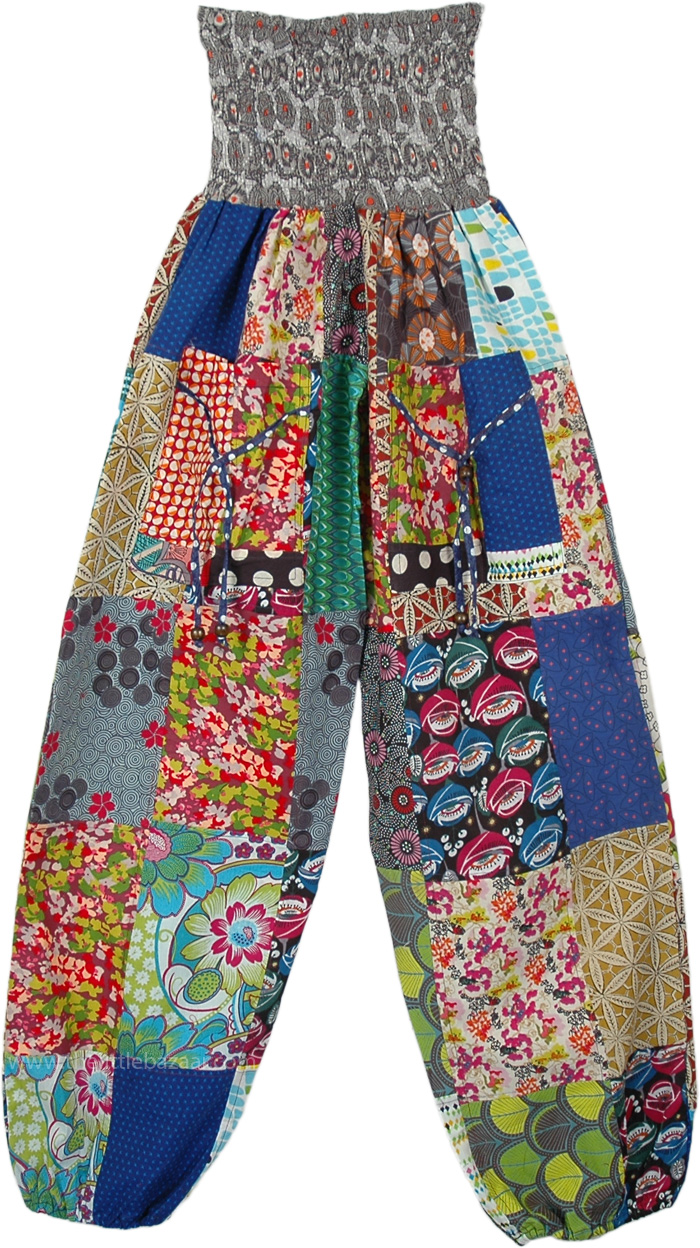Mixed Patchwork Smocked Waist Hippie Pants, Smocked Waist Mixed Patchwork Elastic Bottom Harem Pants