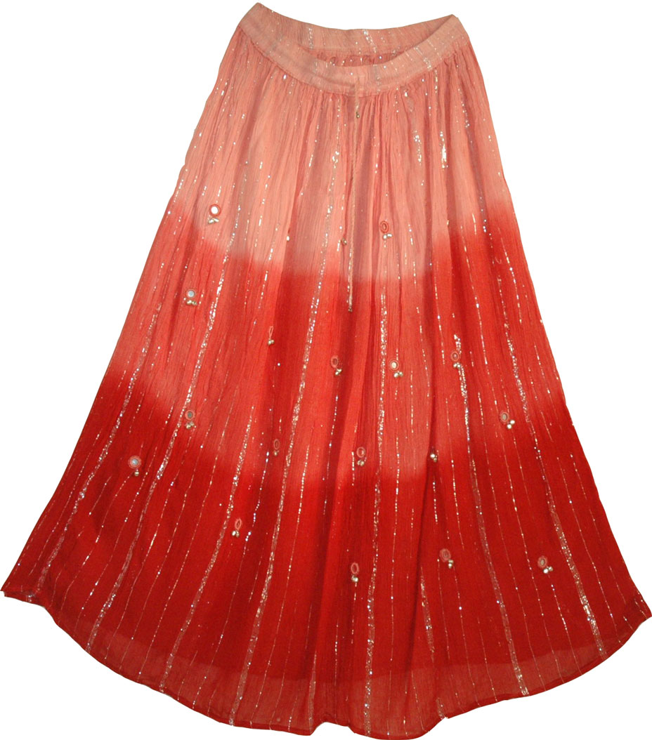 Pink Red Long Skirt with Mirrors