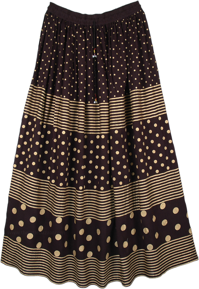Jet Black and Gold Painted Rayon Long Skirt