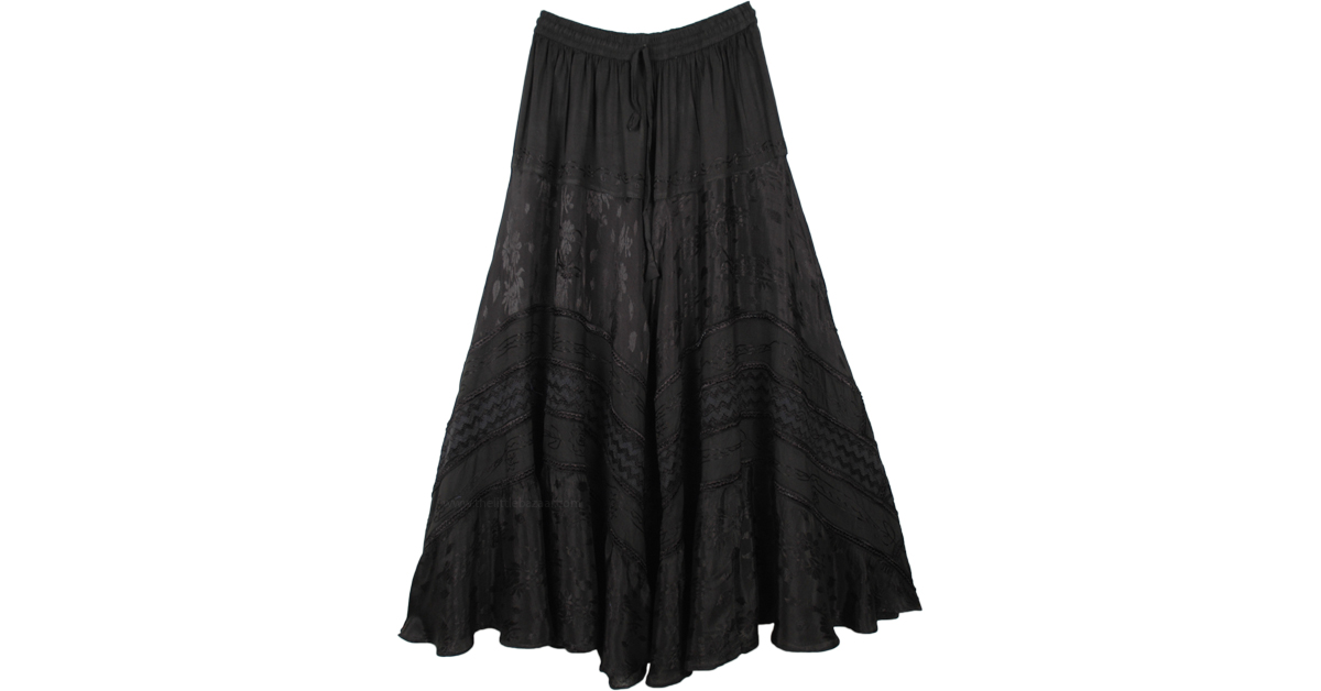 Midnight Black Boho Embroidered Rayon Renaissance Skirt | Black ...