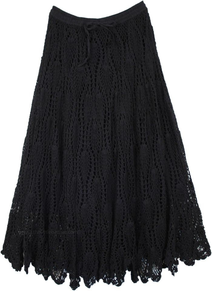 Black Horizon Crochet Long Skirt, Deep Black All Crochet Pattern Cotton Long Skirt