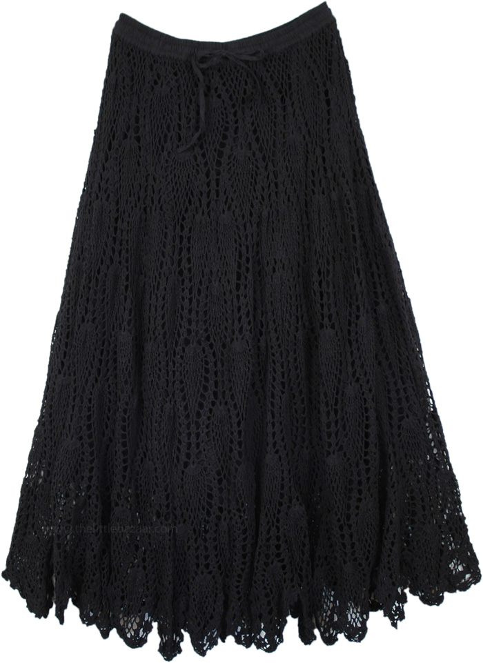 Deep Black All Crochet Pattern Cotton Long Skirt