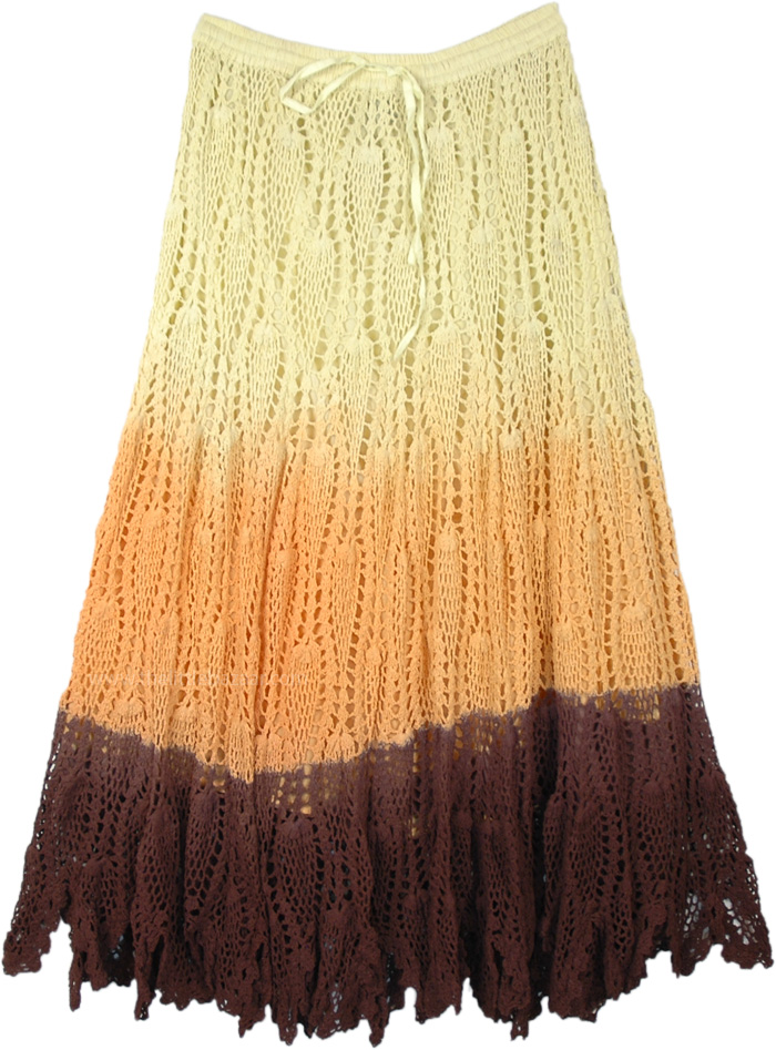 Cool Boho Crochet Skirt in Yellow Orange and Brown, Dawn Hues Coffee Crochet Cotton Long Skirt