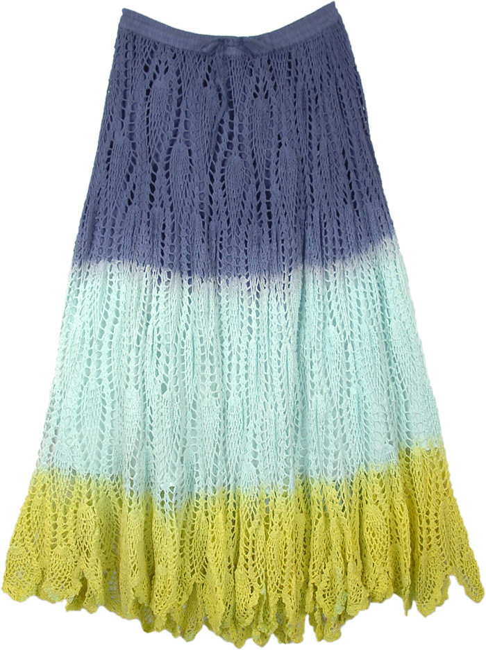 Beach Long Crochet Skirt in Shades of Blue and Yellow, Handmade Crochet Ankle Length Skirt in Three Colors