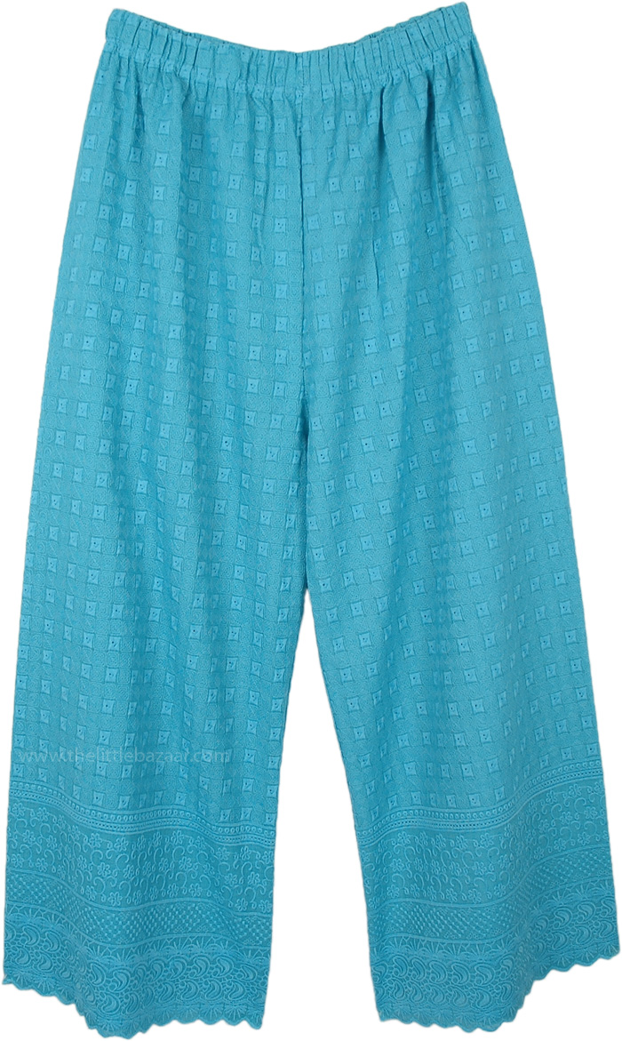 Ocean Blue Wide Straight Leg Embroidered Cotton Pants