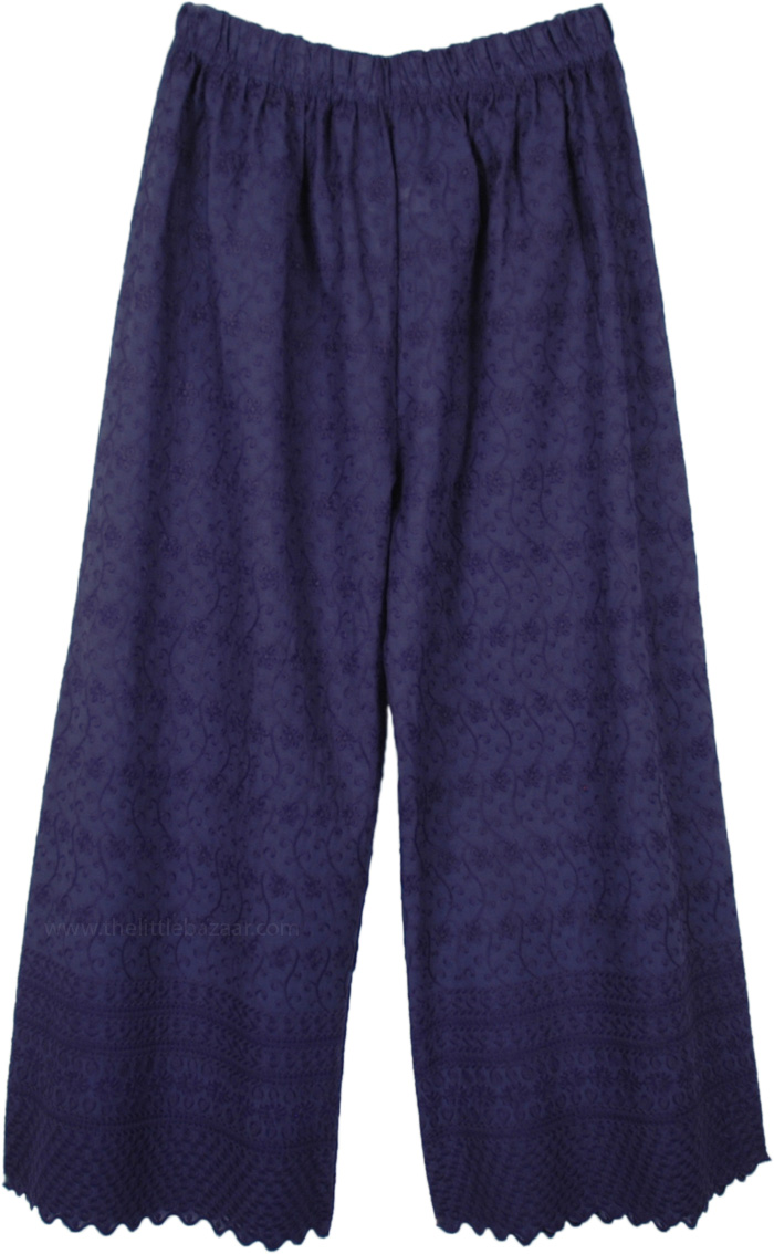 Blue Wide Leg Embroidered Cotton Pants