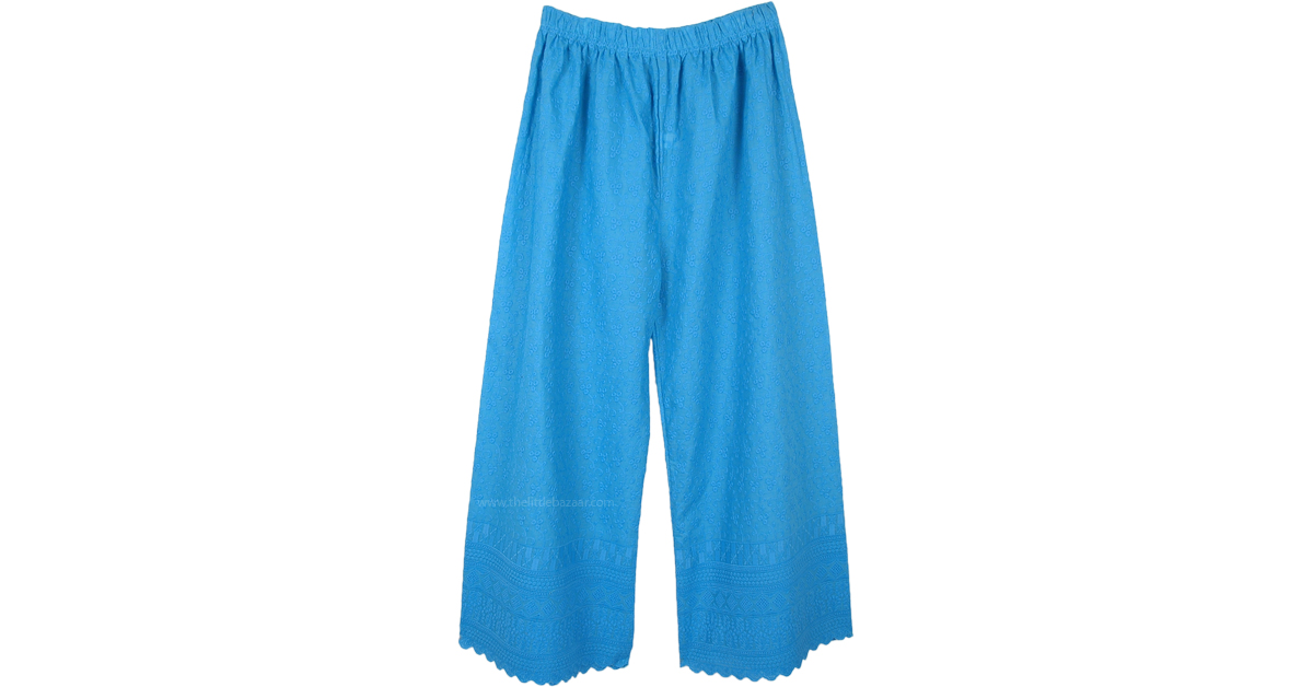 Turquoise Wide Leg Embroidered Cotton Pants | Turquoise | Embroidered ...