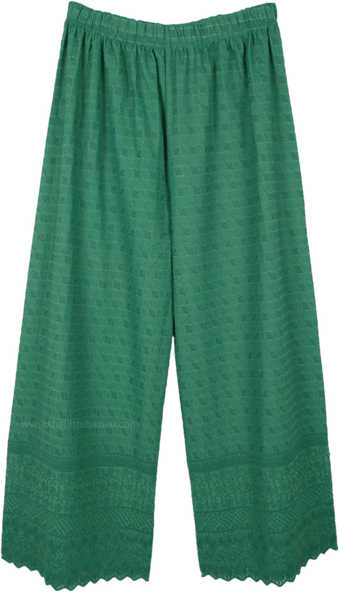 Pine Green Wide Leg Cotton Pants with Embroidery