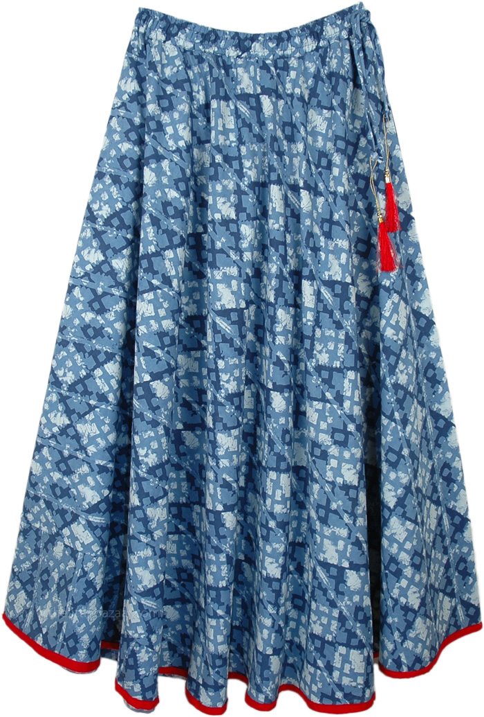 Blue Full Swirl Cotton Long Skirt | Blue | Printed, Indian