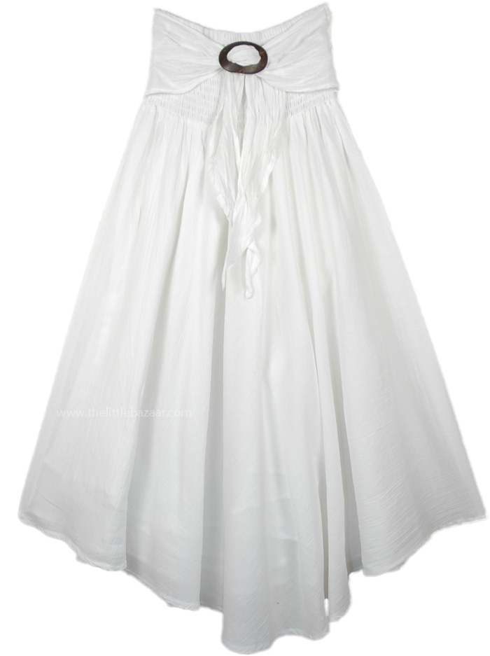 Bohemian Skirt in White with Smocked Waist, White Boho Smart Skirt Dress with Smocked Waist