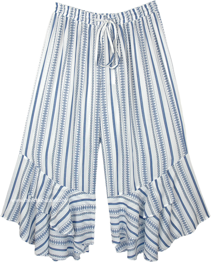 Wide Leg Boho Striped Pants with Umbrella Flare, White Rayon Striped Summer Pants with Flared Bottom