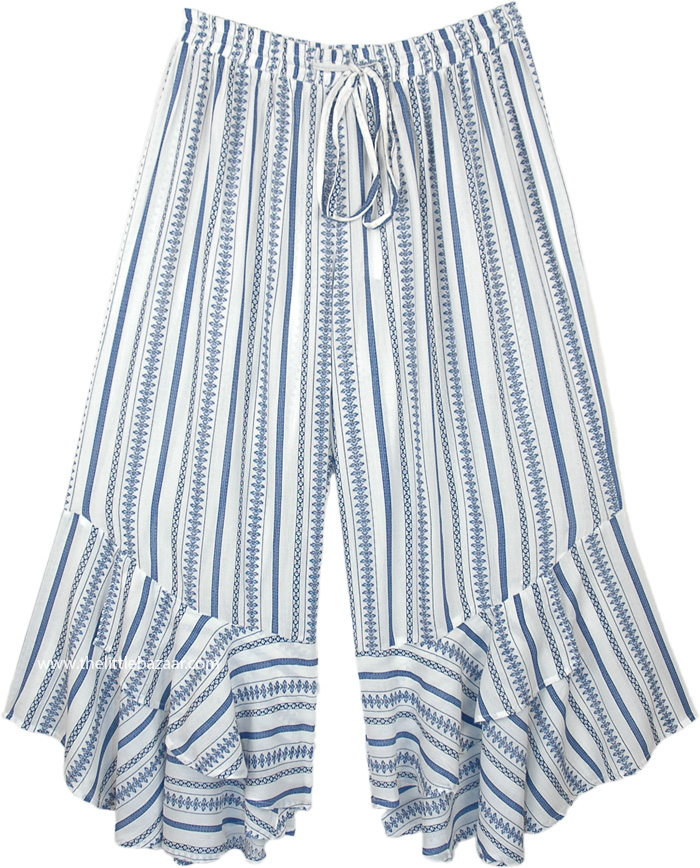 White Rayon Striped Summer Pants with Flared Bottom