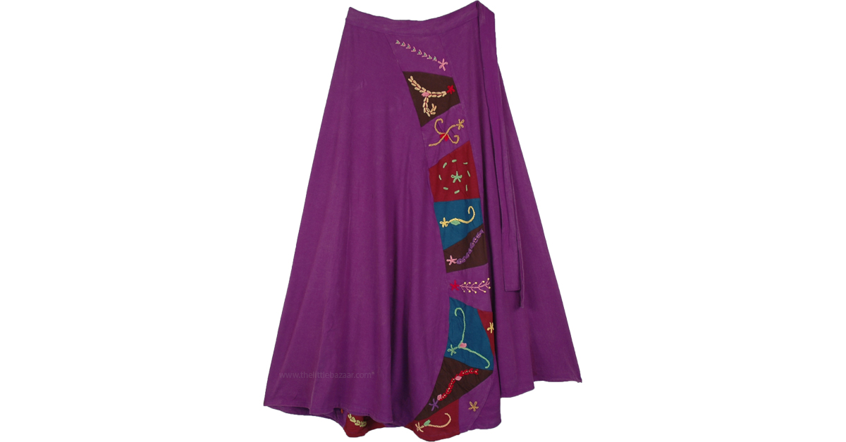 XXL Wisteria Purple Knit Cotton Wrapper Skirt with Embroidery Purple WrapAroundSkirt, XL
