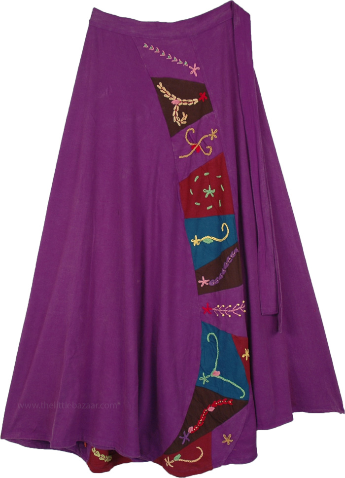 Vivid Violet Wrap Around Skirt with Applique Work, XXL Wisteria Purple Knit Cotton Wrapper Skirt with Embroidery