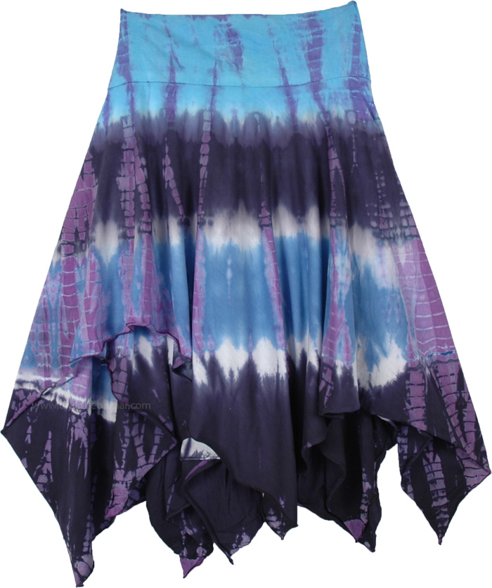 Sail Blue and Topaz Purple Asymmetrical Skirt with Boho Tie Dye, Blue and Dusty Mauve Tie Dye Summer Skirt with Uneven Hem
