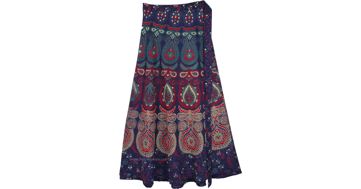 Dark blue bagru handblock print wrap style cotton skirt main image 1