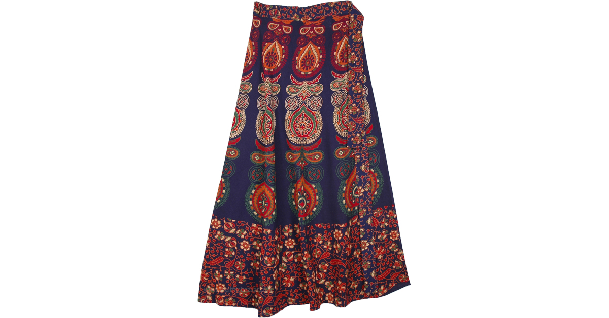 XXL Floral Block Printed Long Cotton Wrap Skirt | Blue | Wrap-Around ...