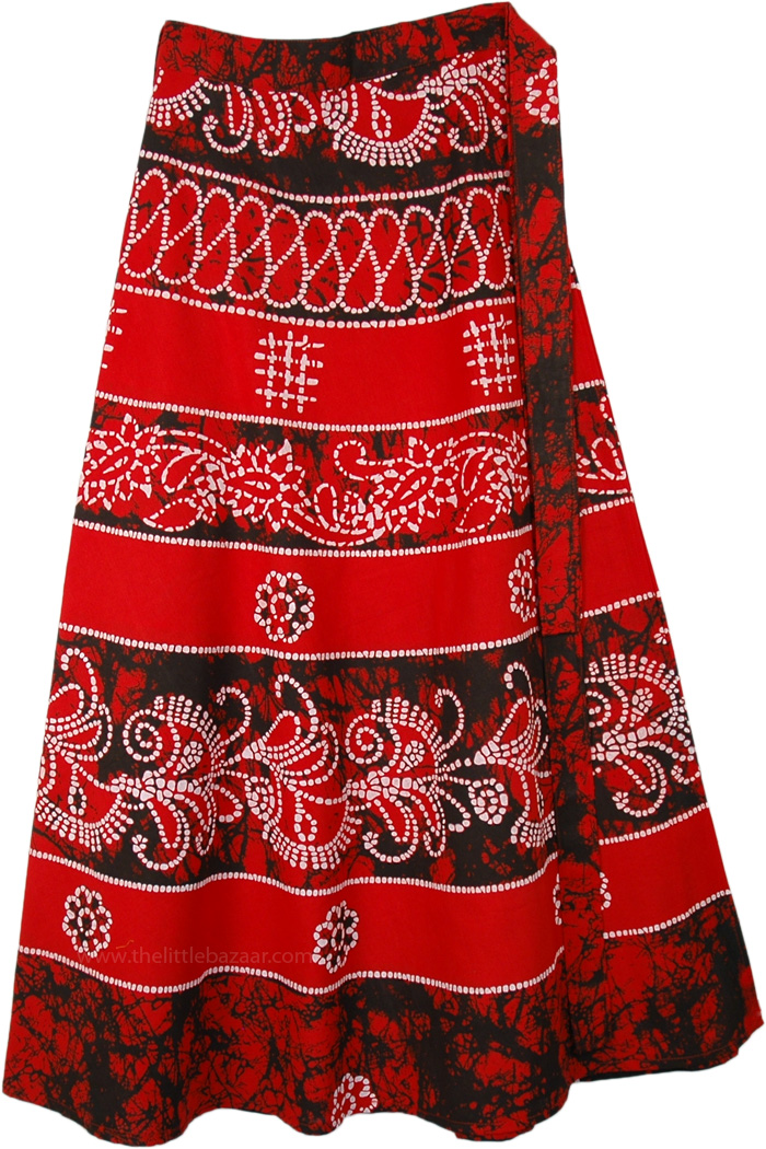 Indian Wrap Cotton Skirt Hippie Gypsy, Red Tribe Batik Wrap Around Cotton Skirt