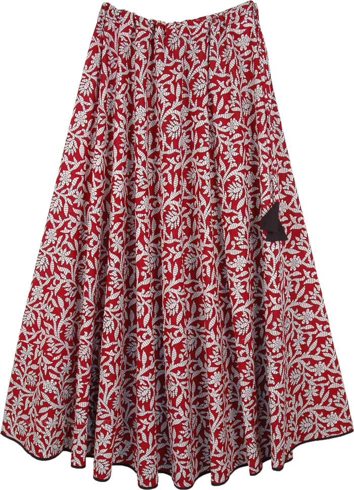 Bohemian Flared Skirt in Red and White with Floral Design, Long Circular Skirt Cotton Red with White Print
