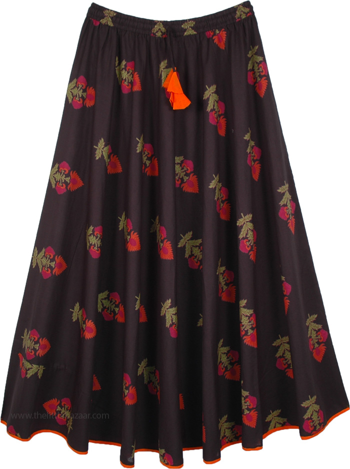 Black Flared Skirt with Floral Print and Orange Trim, Flared Festive Long Black Skirt with Floral Print