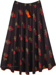 Black Flared Skirt with Floral Print and Orange Trim [7205]