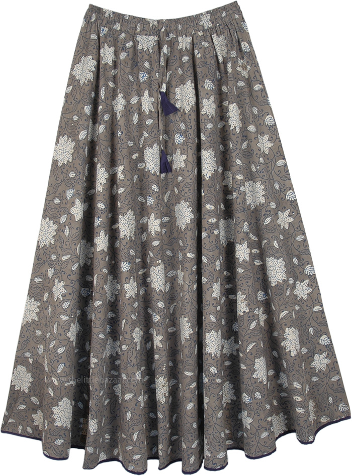 Dreamy Gray Tiered Long Skirt with Floral Print