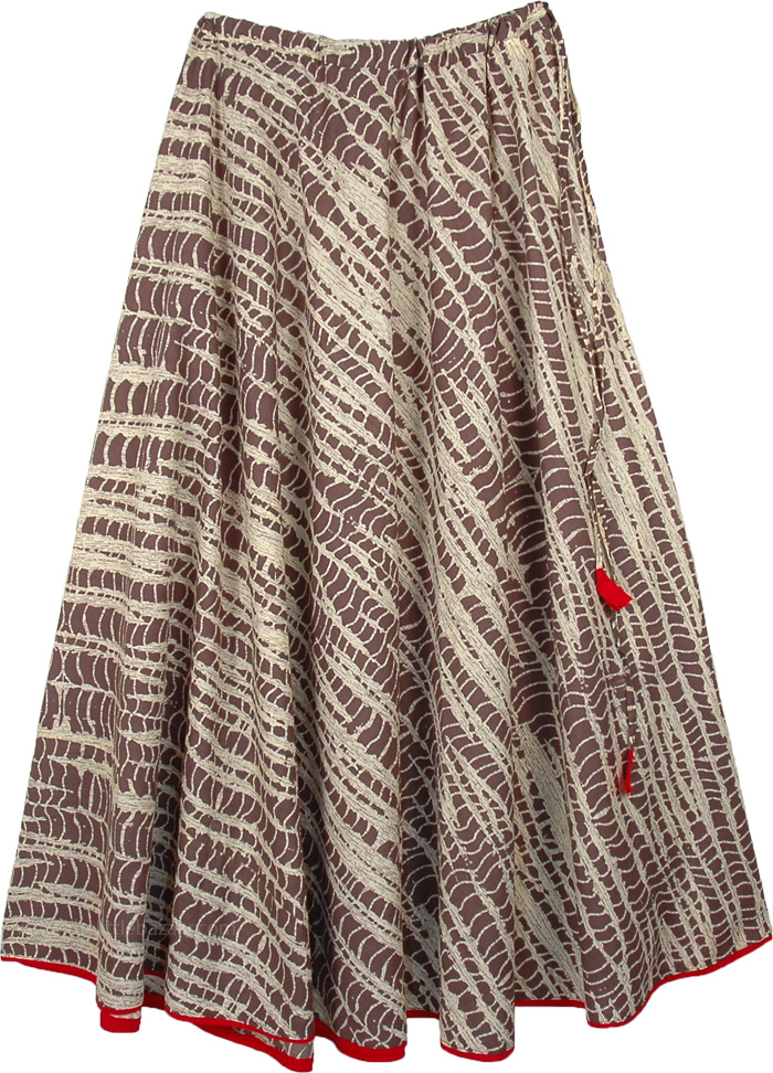 Moroccon Summer Brown Swirl Cotton Skirt, Hazelnut Brown Abstract Print Cotton Long Skirt