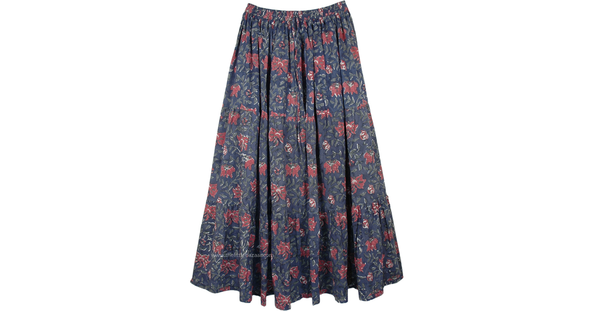 Blumine Floral Print Cotton Long Skirt | Blue | Misses, Tiered-Skirt ...
