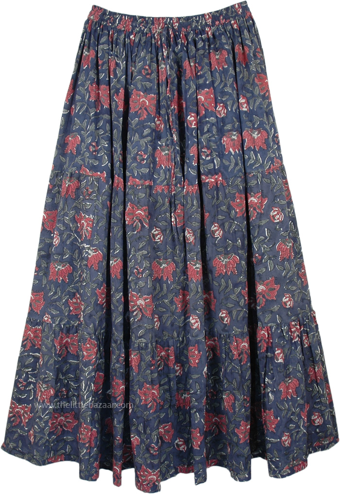 Blumine Floral Print Cotton Long Skirt | Blue | Misses, Tiered-Skirt ...