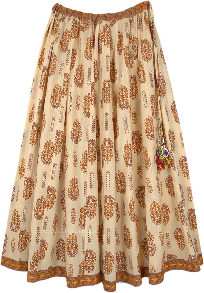 Circular Skirt with Matching Hemline Border, Creamy Beige Floral Print Cotton Festival Skirt
