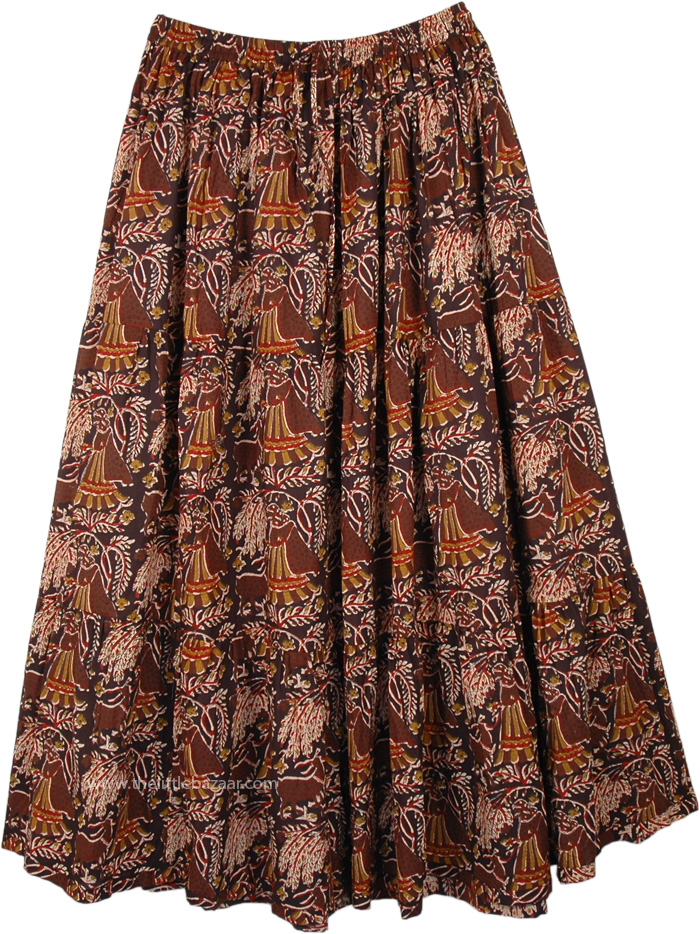 Tribe Life Print Cotton Long Skirt in Brown, Brown Tribal Vibes Printed Cotton Long Skirt