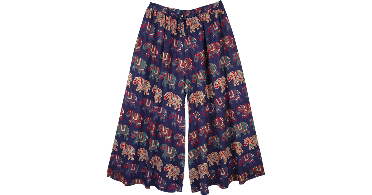 XXL Navy Cotton Palazzo Pants with Elephant Print Blue SplitSkirts