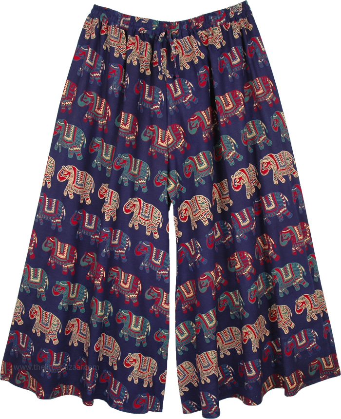 XXL Size Wide Leg Cotton Pants with Ethnic Print, XXL Navy Cotton Palazzo Pants with Elephant Print