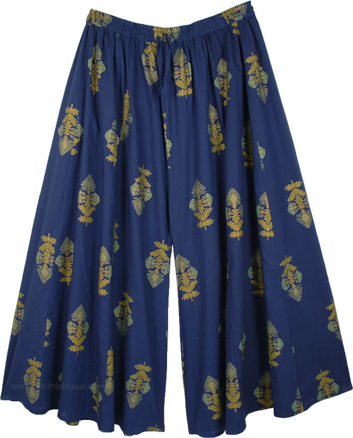 Plus Size Wide Leg Cotton Ethnic Printed Festive Pants in Royal Blue , Plus Size Flared Palazzo Cotton Pants in Indigo Blue